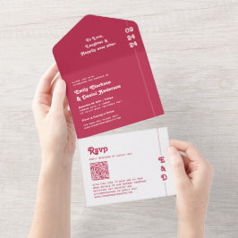 Invitation Tout En Un Chic Retro Bold Hot Pink Monogram QR Code Mariage