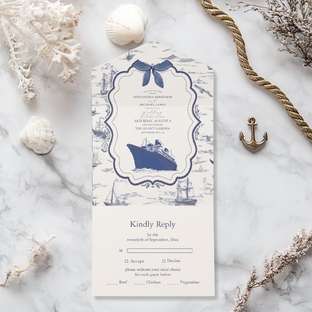 Invitation Tout En Un Chic Toile Nautique de Jouy Bow Mariage (Créateur téléchargé)