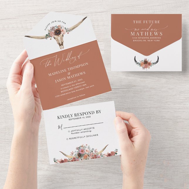 Invitation Tout En Un Chic Western Bohemian Floral Vache Mariage crâne (Créateur téléchargé)
