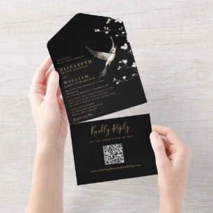 Invitation Tout En Un Chinoiserie Florale et Gold Mariage de code QR