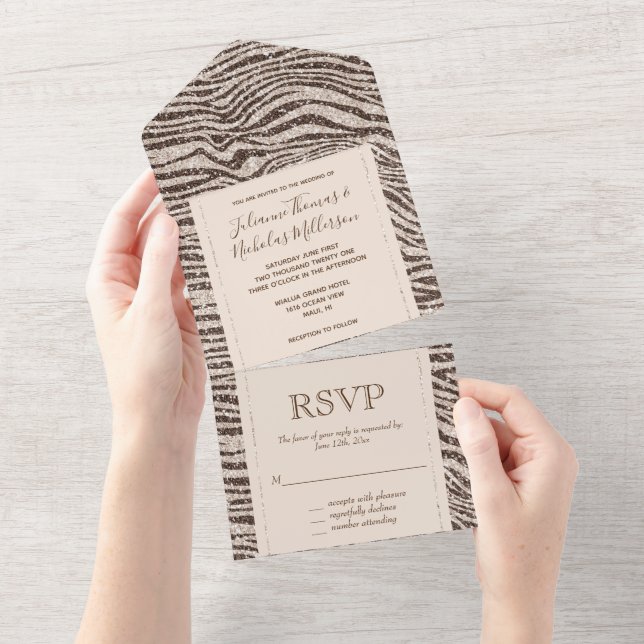 Invitation Tout En Un Chocolat Brown crème Blush Zebra Parties scintilla (Déchirure)