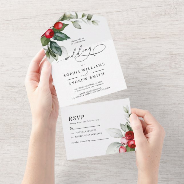 Invitation Tout En Un Christmas Greenery & Red Berries (Déchirure)