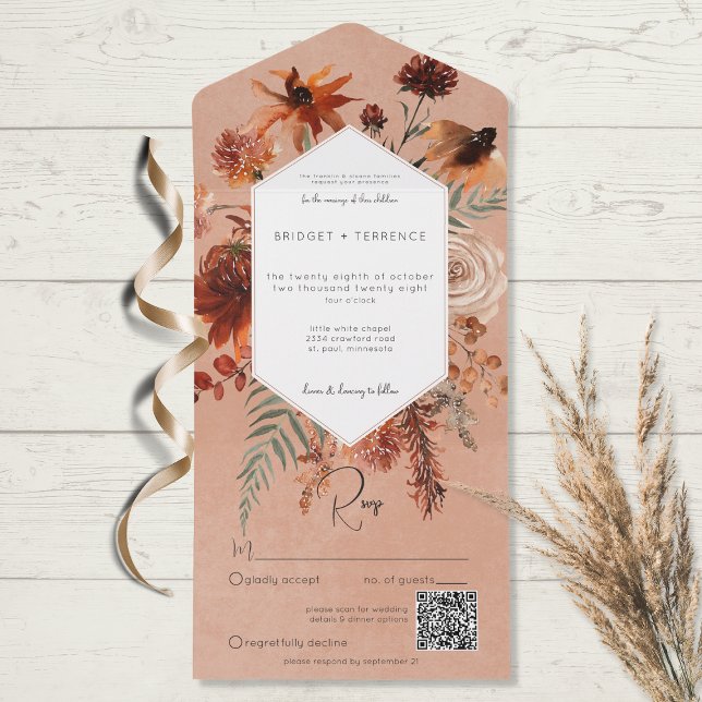 Invitation Tout En Un Chute Boho rouille & Pêche Cadre Floral QR Code (Créateur téléchargé)