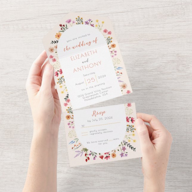 Invitation Tout En Un Chute Fleur sauvage fantaisie Calligraphie Mariage (Déchirure)