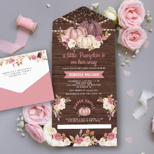 Invitation Tout En Un Citrouille en bois rose Rose roux Baby shower