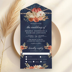 Invitation Tout En Un Citrouille Florale en Terracotta pour Mariage Bleu