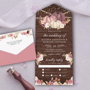 Invitation Tout En Un Citrouille rose Dusty ivoire Mariage en bois fleu