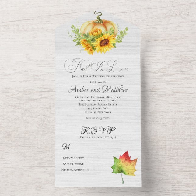 Invitation Tout En Un Citrouille rustique et tournesol Mariage All In On (À l'intérieur)