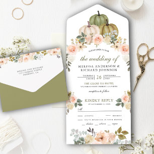Invitation Tout En Un Citrouille vert Sage et Mariage floral Dusty Peach