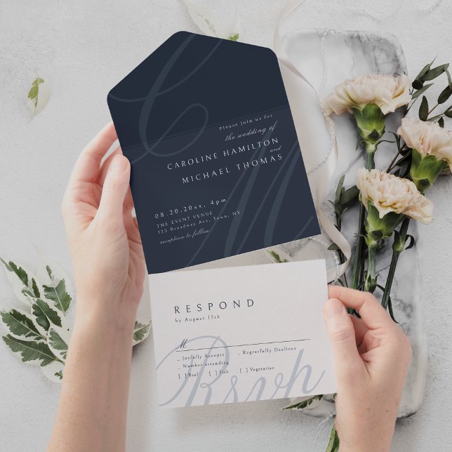 Invitation Tout En Un Classe Bleue Marine Élégance calligraphie monogram (Navy Blue Classic Elegance calligraphy monogram All In One Invitation)