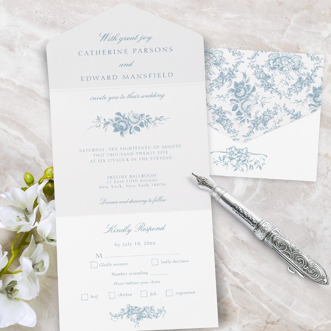 Invitation Tout En Un Classic Elegant Bleu et Blanc Floral Toile (Créateur téléchargé)