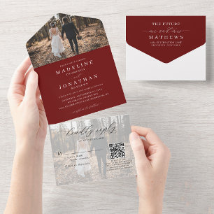 Invitation Tout En Un Classic Elegant Bourgogne 2 Photo QR Code Mariage