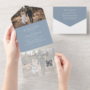 Invitation Tout En Un Classic élégant Dusty Blue 2 Photo QR Code Mariage