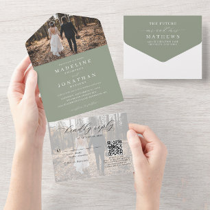 Invitation Tout En Un Classic élégant Sage Green 2 Photo QR Code Mariage
