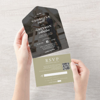 Invitation Tout En Un Classy Sage Green RSVP Photo QR Code Mariage