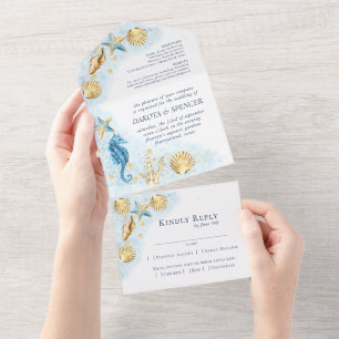 Invitation Tout En Un Coastal Chic Bleu et or Coral Reef Mariage Al