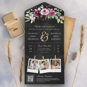 Invitation Tout En Un Code QR Ampersand Mariage Noir Fleur de Prunier Ro