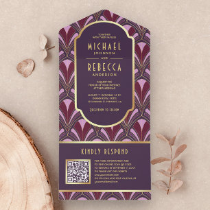 Invitation Tout En Un Code QR Art Déco Mariage Violet Or Aubergine