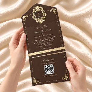 Invitation Tout En Un Code QR Baroque Chocolat Marron Mariage