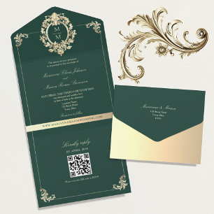 Invitation Tout En Un Code QR Baroque Or Émeraude Vert Mariage