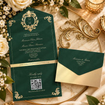 Code QR Baroque Or Émeraude Vert Mariage