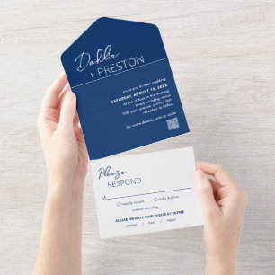 Invitation Tout En Un Code QR bleu marine minimum Mariage moderne
