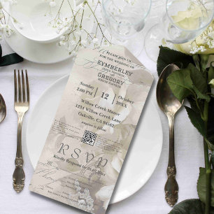 Invitation Tout En Un Code QR Crème Beige Rose Blanche Aquarelle Romanti