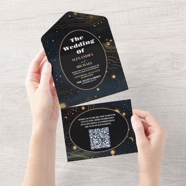 Invitation Tout En Un Code QR Crescent céleste Lune Mariage or (Déchirure)