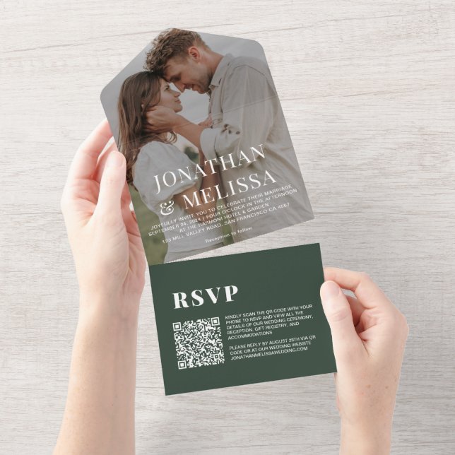 Invitation Tout En Un Code QR | Dark Green Simple Overlay Mariage photo (Déchirure)