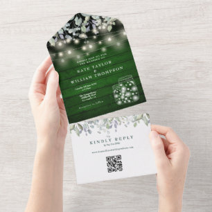 Invitation Tout En Un Code QR de guirlandes florales en bois vert Mariag