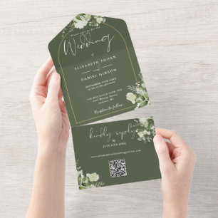 Invitation Tout En Un Code QR de mariage à l'arche dorée avec verdure de