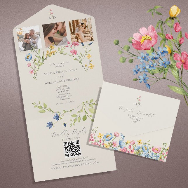 Invitation Tout En Un Code QR de mariage aux fleurs sauvages (Créateur téléchargé)