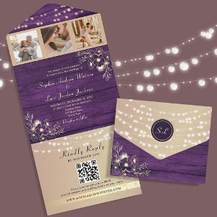 Invitation Tout En Un Code QR de mariage avec photos violet rustique