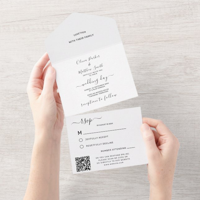 Invitation Tout En Un Code QR de Mariage classique blanc minimal RSVP (Déchirure)