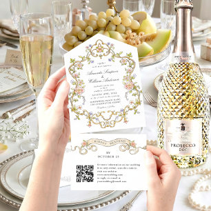 Invitation Tout En Un Code QR de mariage floral à la grâce ornée victori