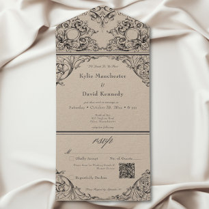 Invitation Tout En Un Code QR de mariage noir et marron à la victorienne