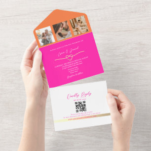 Invitation Tout En Un Code QR de mariage photo rose et orange