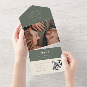 Invitation Tout En Un Code QR de réponse pour mariage minimaliste au ver