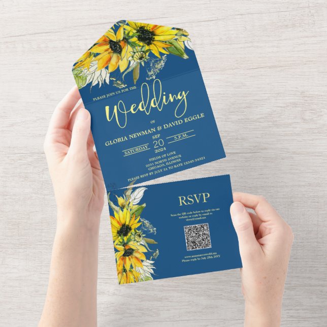 Invitation Tout En Un Code QR de tournesol bleu classique (Déchirure)