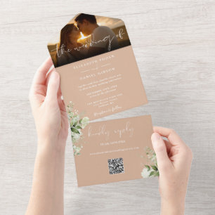 Invitation Tout En Un Code QR de verdure florale bronzée Photo de mariag