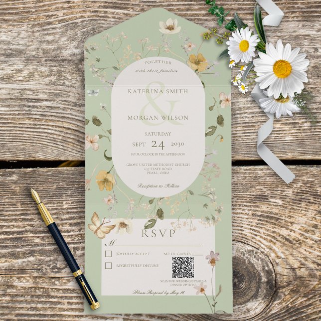 Invitation Tout En Un Code QR du cadre Fleur sauvage vert Sage (Also available without a QR code; with or without dinner selection options.)