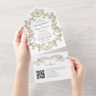 Invitation Tout En Un Code QR du Mariage Floral Ornate de Victoria