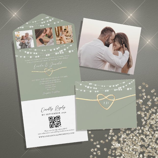 Invitation Tout En Un Code QR du Mariage vert Sage (Créateur téléchargé)