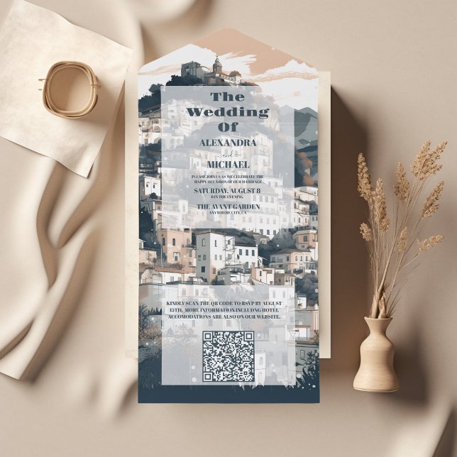 Invitation Tout En Un Code QR Élégant Italie Capri Destination Mariage (Créateur téléchargé)