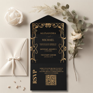 Invitation Tout En Un Code QR Élégant Mariage Art Nouveau