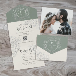 Invitation Tout En Un Code QR Élégant Vert Sauge Mariage
