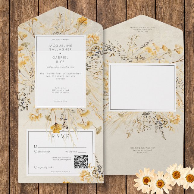 Invitation Tout En Un Code QR Fleur sauvage des champs Automne Rustique (Rustic Fall Fields Wildflower QR Code All In One Invitation)