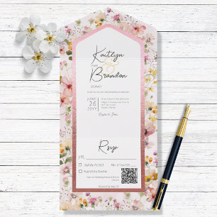 Invitation Tout En Un Code QR Fleur sauvage Russe Blush Rose