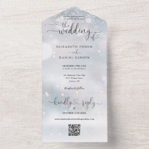 Invitation Tout En Un Code QR Flocons de Neige Hiver Mariage Cœurs Scrip