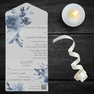Invitation Tout En Un Code QR Floral Bleu Poussiéreux Aquarelle sur Gris